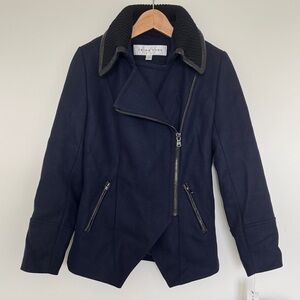 Trina Turk Navy Asymmetrical Zip Pea Coat with Contrast Ribbed Collar